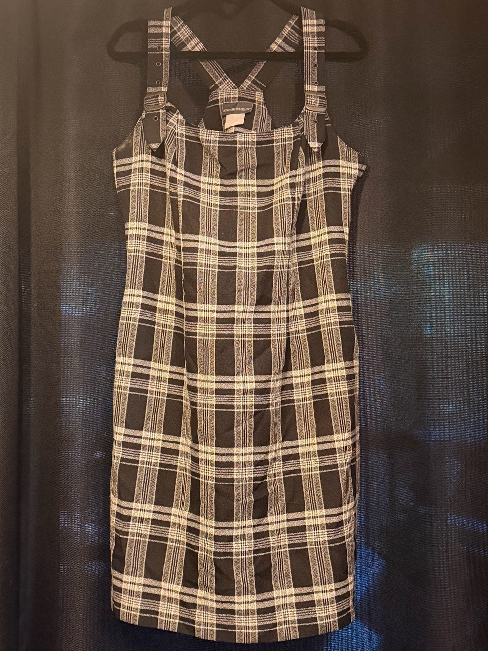 Vintage 90s Expressions Black/White Plaid Mini Dress Buckle Straps Zipper Size S